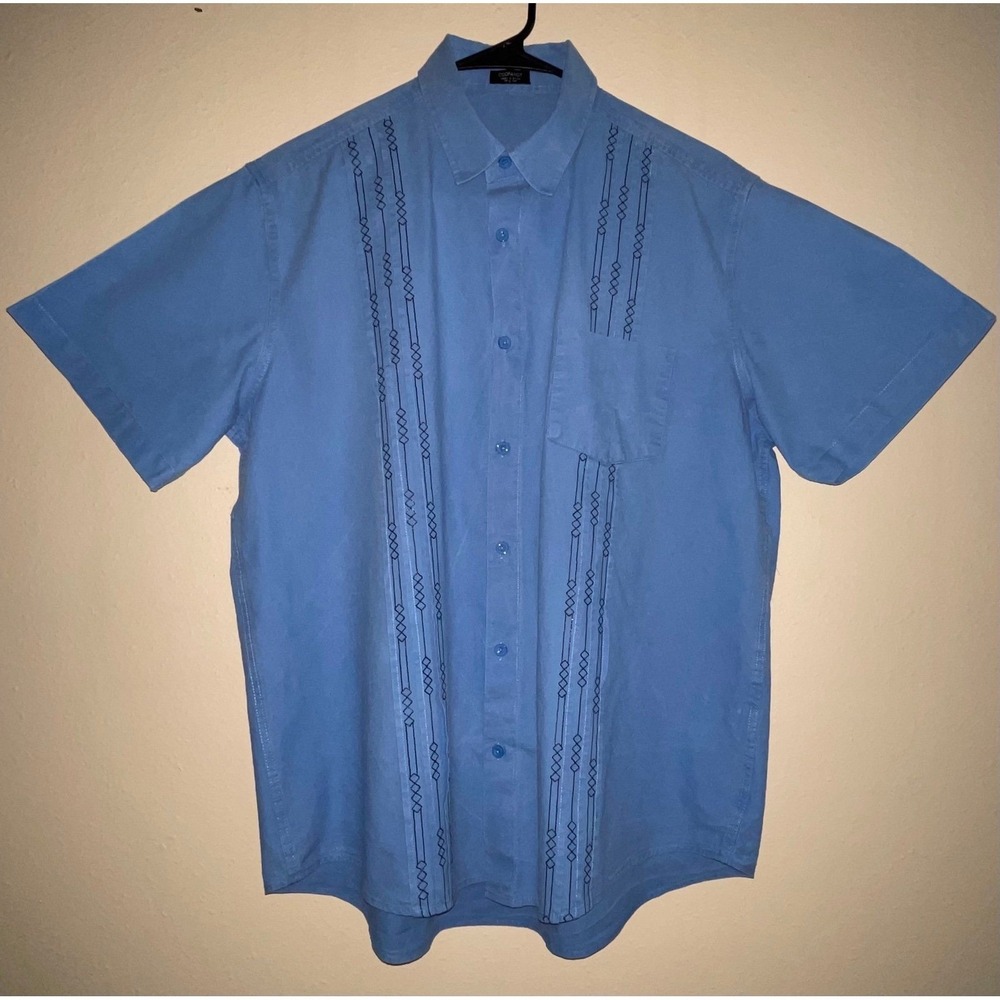 Coofandy Men's Blue Button Down‎ Short Sleeve Large Vertical Stitching